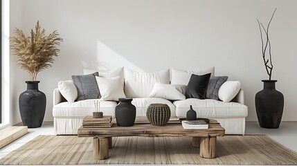 A living room with a white sofa wooden coffee table and black vases on the sides 