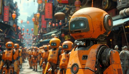 AI Helpdesk Heroes, An army of friendly AI robots, each equipped with specialized tools, 