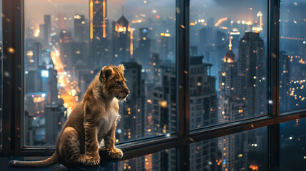 A baby lion alone in a room watching cityscape from window 