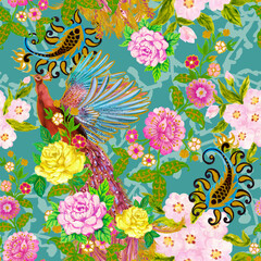 Paradise Phoenix bird Peacock Firebird with Rose botanical blossom blooming carden tribal folk traditional Seamless Pattern