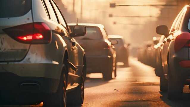 Long line of cars on the road during the city's rush hour, exhaust pollution, and environmental problems. Urban traffic congestion and pollution	
