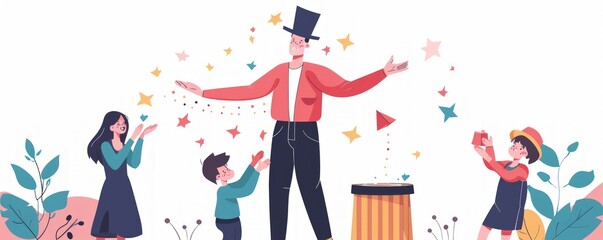 A man in a top hat is performing magic tricks for a group of children, father's day, illustrations