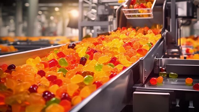 Industry factory manufacture candy confectionery production, sweet, delicious. Automatic candy plant factory	