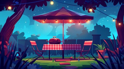 Picnic grilling zone on wooden terrace on summer lawn, evening barbecue area with tablecloth, chairs and umbrella decorated with light garland, Cartoon modern illustration.