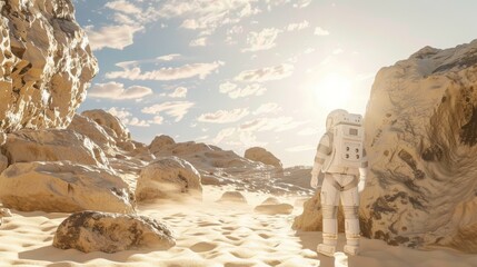 Astronaut standing among large rocks on a barren landscape with a giant planet looming in the sky, depicting a scene of space exploration. - Powered by Adobe
