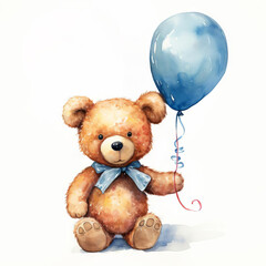 Teddy bear clutching a birthday balloon, Anthropomorphic, Isolated on white background