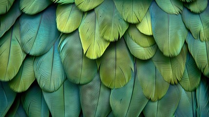   A zoomed-in photo of vibrant green and yellow bird feathers, comparable in size to the bird's head