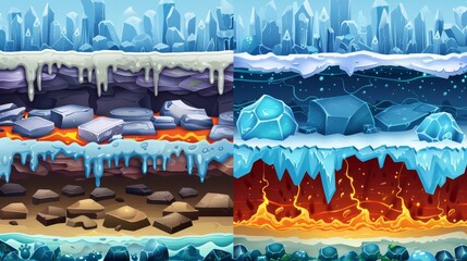 Set of modern cartoon platforms for game levels. Landscapes with hot magma, frozen water, and lava.