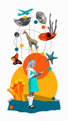 Children imagination. Little girl reading book with abstract images around her. Imagination and fantasy. Contemporary art collage. Concept of Happy Childrens Day, holiday, childhood. Poster, ad