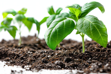 Young plants grows in soil humus isolated on a white background