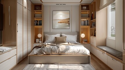 The description for the image is:..A cozy and modern bedroom with a large bed, two nightstands, a dresser, and a large window