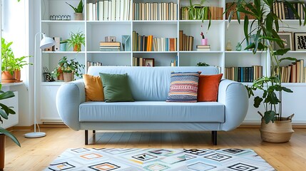 A living room with wooden floors white walls and a light blue sofa with colorful pillows on it bookshelves in the background and decorative plants on each side of the couch 