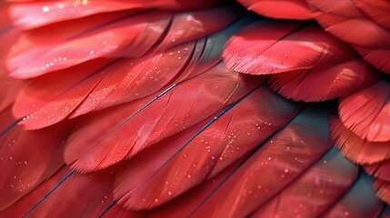   Close-up of a red bird's feathers with water drops nearly same size