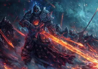 Digital illustration painting design style a knight and big sword against demon armies