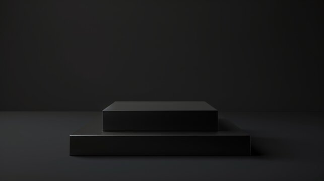 3D rectangle podium on a black background. Platform for product presentation. A dark pedestal in an empty studio room. Minimalistic premium stand.
