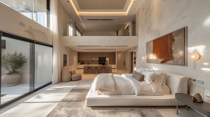 The image shows a modern and minimalist bedroom with a large bed, a sitting area, and a view of the city.