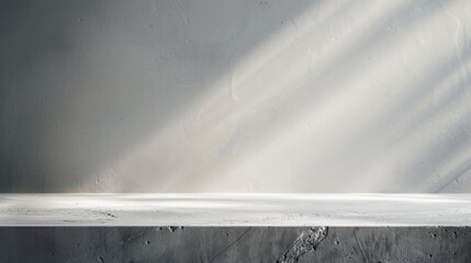3D table and wall in an empty studio room. Podium against a white wall. Tabletop surface for product presentation. Platform with concrete texture for beauty advertising.
