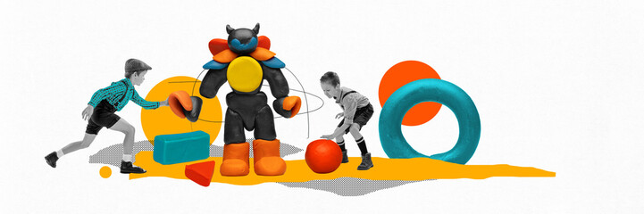 Two boys, kids making robot from plasticine on white background with abstract colorful elements....