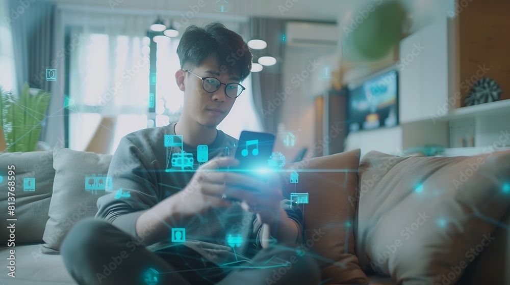 Leinwandbilder asian man sitting on sofa and using smart home control app on mobile phone with augmented reality vi