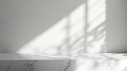 3D table in the studio room. Empty white marble podium for product. Mockup with tabletop for beauty presentation. Template with a platform for advertising cosmetics.