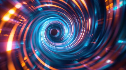 Abstract image of a mesmerizing tunnel effect with intense blue and red neon light patterns.