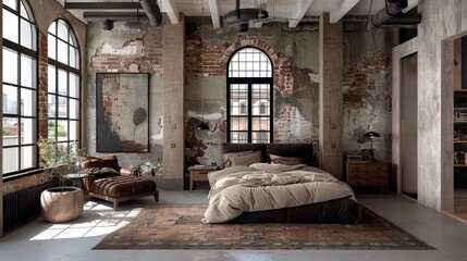 The photo shows a beautiful bedroom with a large bed, a sitting area, and a brick wall. The room is decorated in a modern industrial style with warm colors and exposed beams.