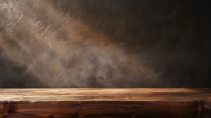 Wood countertop in the kitchen. Empty wooden table for product against dark concrete wall background. 3D brown podium for advertising. Mockup with design platform.