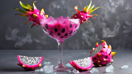 Summer bright cocktail based on purple dragon fruit, with ice, on a grey background