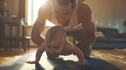 Father working out doing single arm plank with his jolly infant baby riding on his neck At home apartment : Generative AI