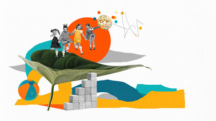 Monochrome image of happy little girls, children having fun outdoor, playing, running in light background with colorful elements. Contemporary art. Concept of Happy Childrens Day, holiday, childhood