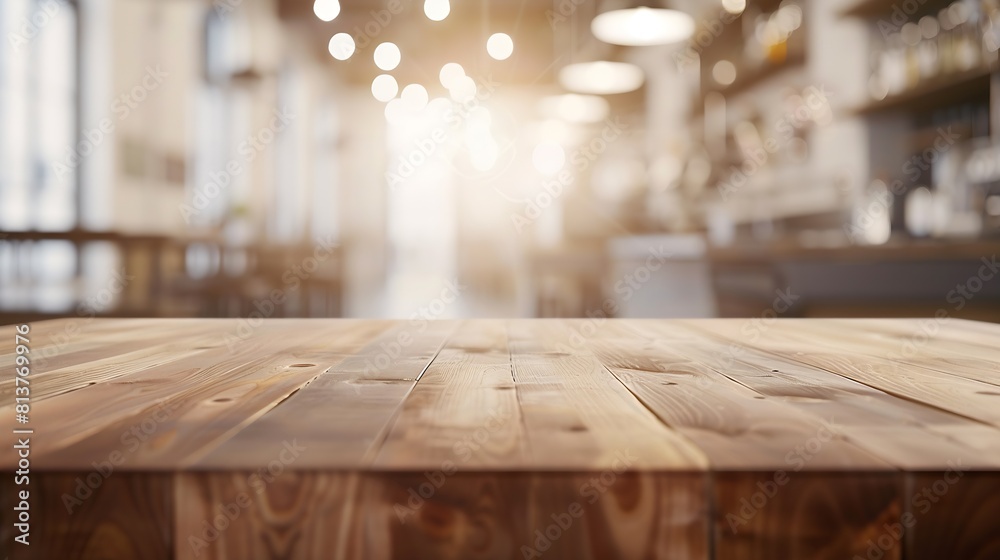 Poster empty beautiful wood table top counter and blur bokeh modern kitchen interior background in clean an
