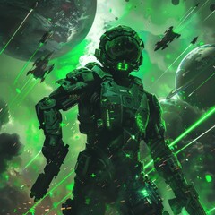 Fototapeta premium green space soldier with spaceship with a gun