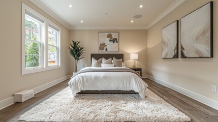 The photo shows a cozy and inviting master bedroom with hardwood floors, a plush white rug, and a large comfortable bed.