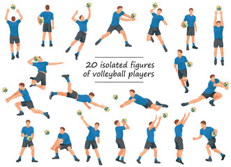 Vector figures of volleyball team players in blue T-shirts in various poses training, running, jumping, throwing, hitting the ball