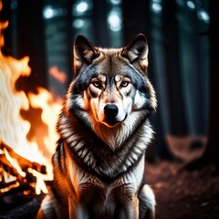 Wolf by the Fire in the Forest