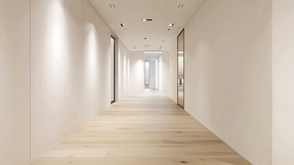 A modern minimalist hallway with light wooden flooring and white walls 