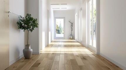 A modern minimalist hallway with light wooden flooring and white walls 