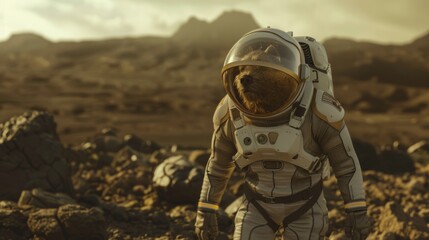 An astronaut with a teddy bear head walks on a rocky terrain resembling Mars, blending the surreal with space exploration themes.