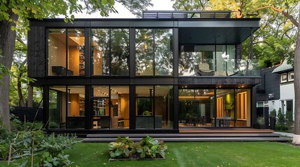 A modern twostory villa with an exterior made of black wood and glass featuring large windows that capture the surrounding greenery 
