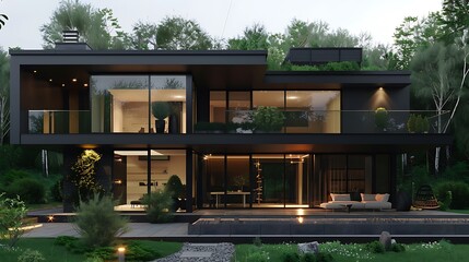 A modern twostory villa with an exterior made of black wood and glass featuring large windows that...