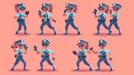 An illustration of a policewoman, female cop at work. Policewoman wears uniform, issues a fine, runs, uses a walkie-talkie while on duty. A girl city patrol constable fights with a criminal in a