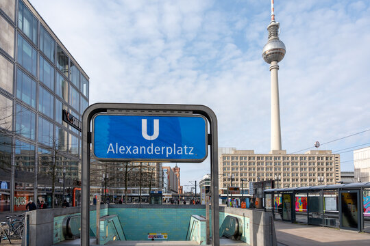 Germany Berlin March 24, 2024. A blue sign with the word U on it is in front of a tall building