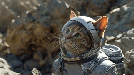 Obraz premium A cat in a spacesuit against a rocky terrain, resembling a scene of space exploration or a science fiction concept blending animals with astronaut themes.