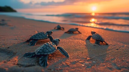 Baby sea turtles journey to the ocean at sunset, symbolizing new beginnings and survival, AI Generative.