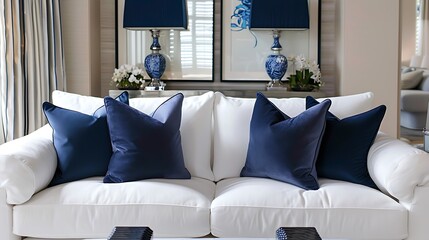 A photo of an elegant living room in London featuring two white sofas with blue pillows and navy throw pillows on each sofa 
