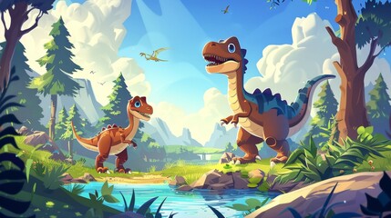 Animated dinosaur posters with baby diplodocus, tyrannosaurus rex and velociraptor characters. Modern banners with funny raptor and herbivore dinosaurs.