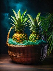 Pineapple in a woven seagrass basket, cinematic food photography, ad promo style, neon glowing lights in background 