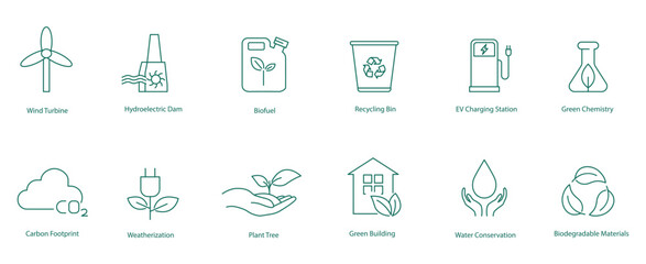 Comprehensive Environmental Sustainability and Renewable Energy Vector Icons