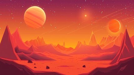 Fototapeta premium The red surface of Mars with mountains, stars and Saturn in the sky. Space game background with orange ground, mountains, stars and Saturn. Modern illustration of cosmos and red Martian surface.