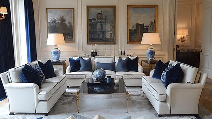 A photo of an elegant living room in London featuring two white sofas with blue pillows and navy...